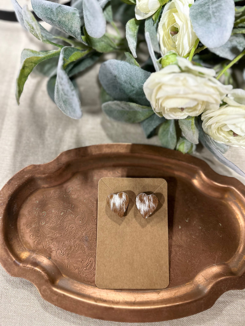 Mini Cowhide Heart Studs