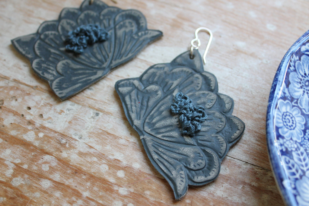 Large Embossed Blue Lily Flower Embroidered Earrings