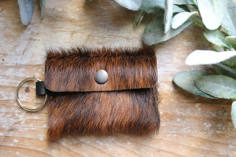 Red and Black Brindle Fluffy Cowhide Card Pocket Wallet Keychain