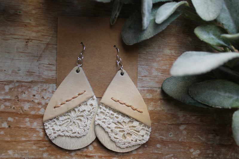 Large Rustic Whimsy Leather & Lace Earrings