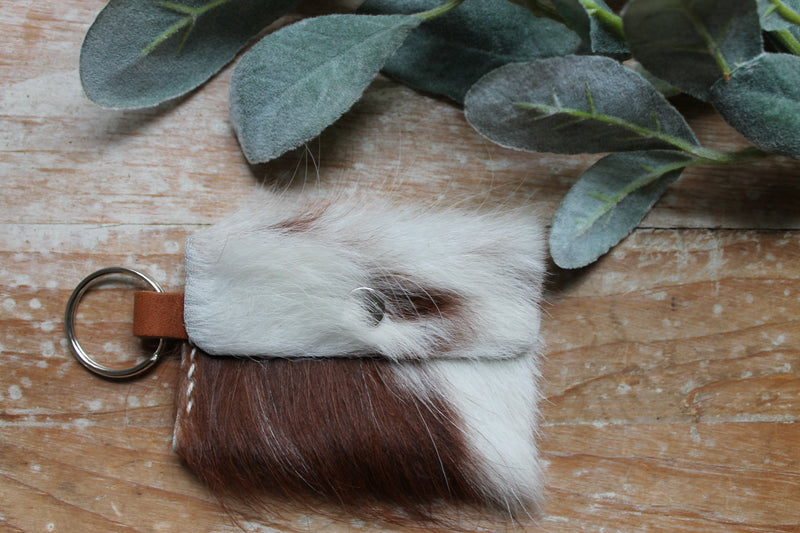 Red and White Fluffy Cowhide Card Pocket Wallet Keychain