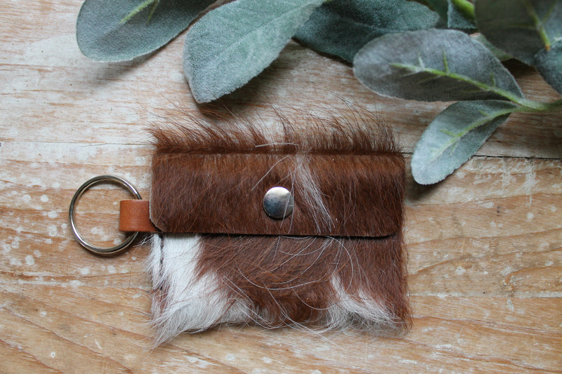 Red and White Fluffy Cowhide Card Pocket Wallet Keychain