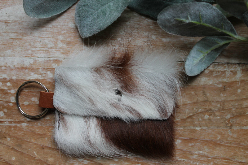 Red and White Fluffy Cowhide Card Pocket Wallet Keychain