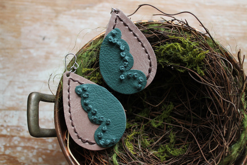 Large Teal French Knot Butterly Tear Drop Earrings