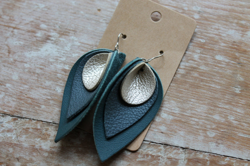 Triple Layer Leather Leaf Earrings