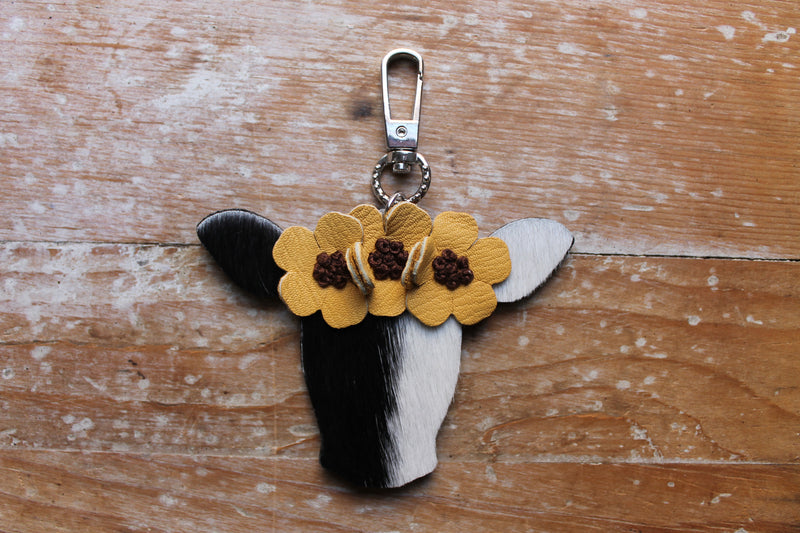 Black and White Happy Heifer Sunflower Crown Purse Charm