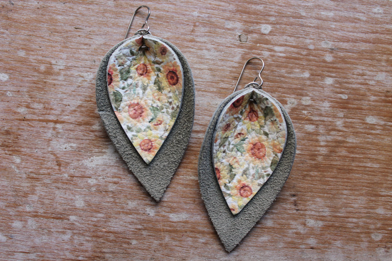 Large Sage and Sunflower Leaf Earrings