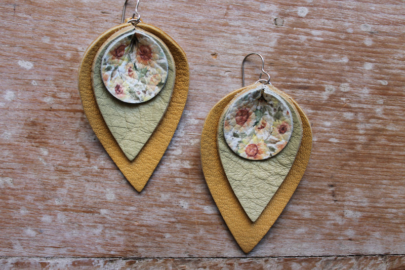 Large Mustard, Green and Sunflower Leaf Earrings