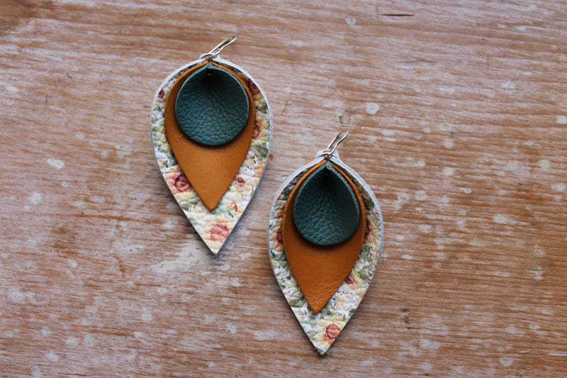 Large Mustard, Teal and Sunflower Leaf Earrings