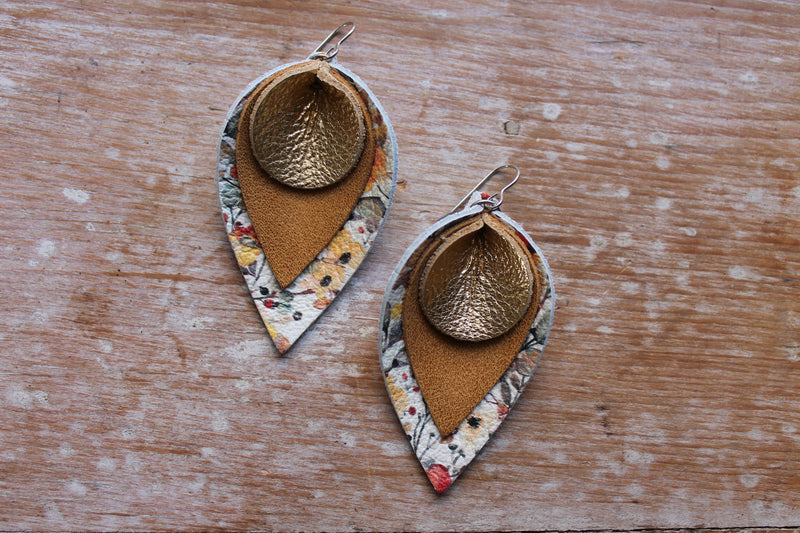 Large Mustard, Gold and Fall Floral Leaf Earrings