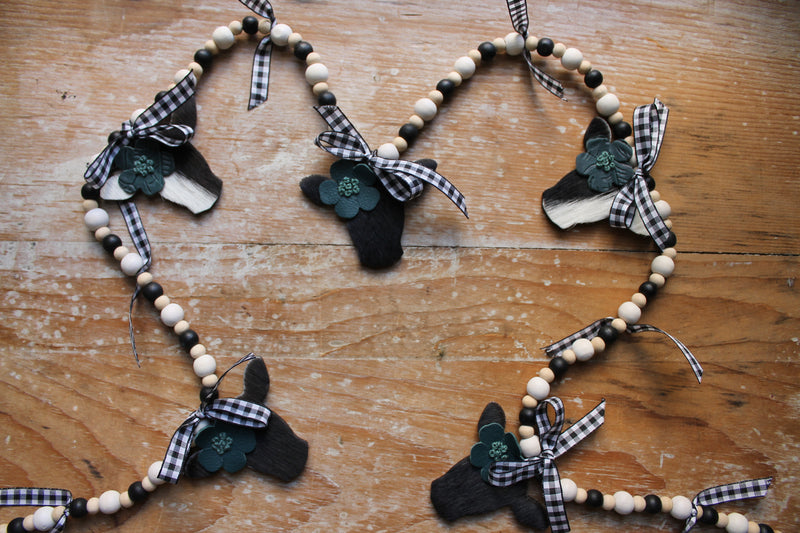 Mini Black and B/W Heifer Head Garland with Teal Flowers