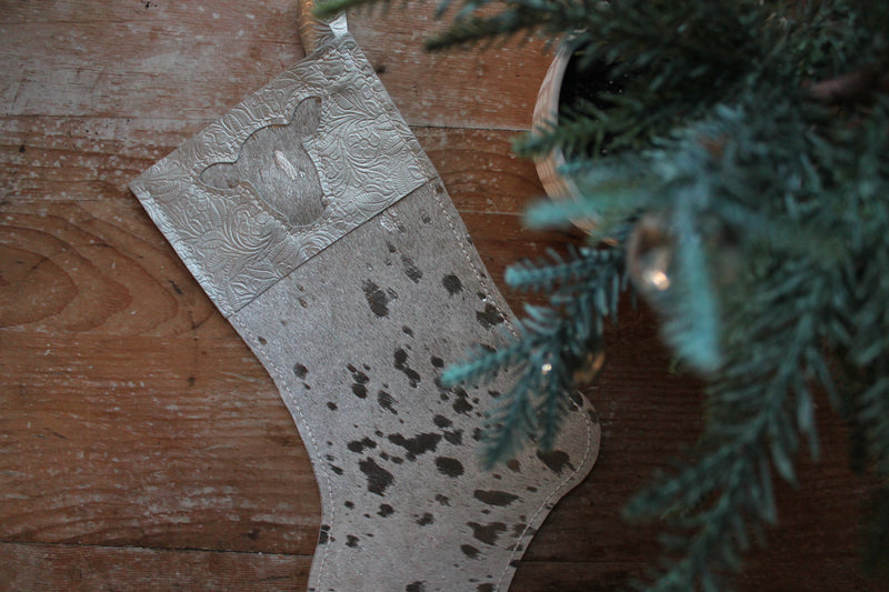White and Silver Acid Washed Cowhide Heifer Head Inlay Stocking