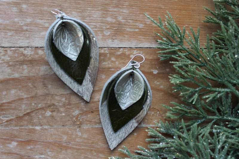 Forest Green and Silver Acid Washed Cowhide Triple Layer Tear Drop Earrings