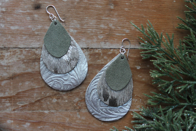 Sage Green and Silver Acid Washed Cowhide Triple Layer Tear Drop Earrings