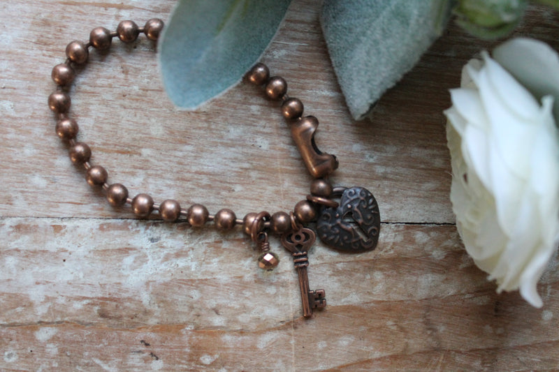 Copper Lock and Key Bracelet