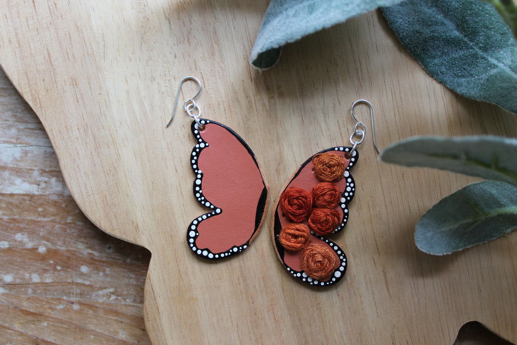 Small Asymmetrical Embroidered Monarch Butterfly Wing Earrings