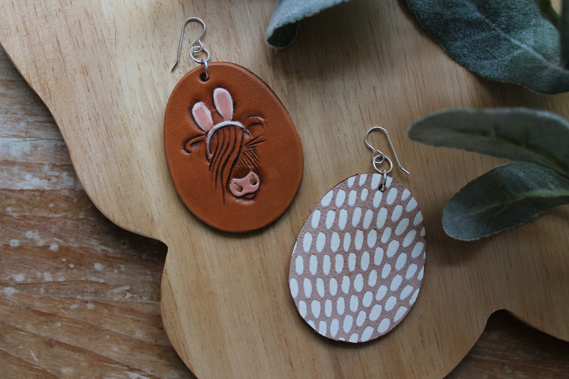 Bunny Ears Highland Calf Egg Earrings